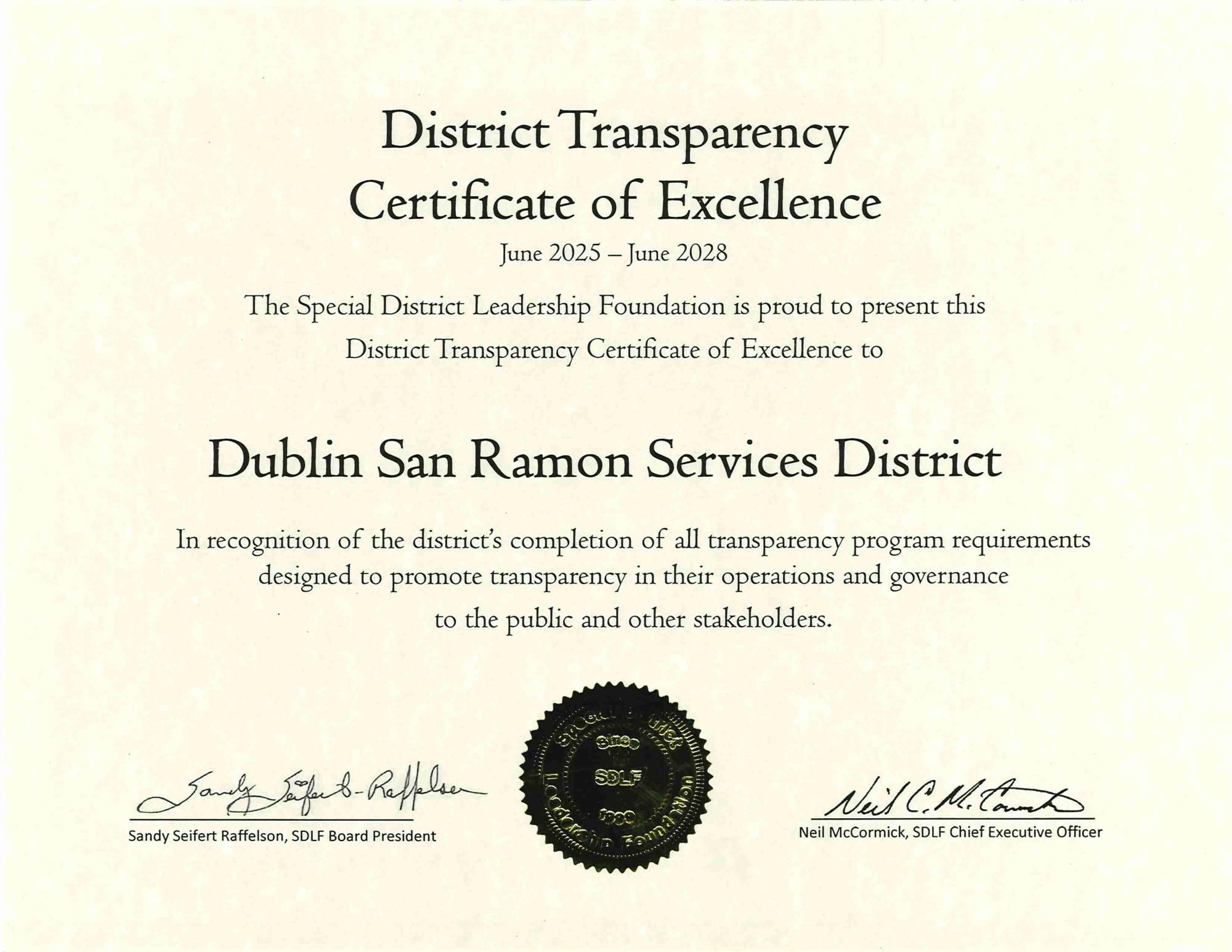 District Transparency Certificate of Excellence, Jan 2016-Jan 2018