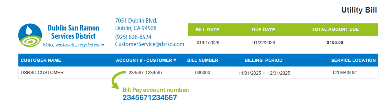 Bank bill pay account and customer number on sample bill